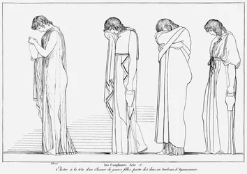 アガメムノンの墓での解放のためのエレクトラとコーラスの運搬船、Aeschylus（c.525-c.456 BC）c.1830-40による「The Choephori」のイラスト